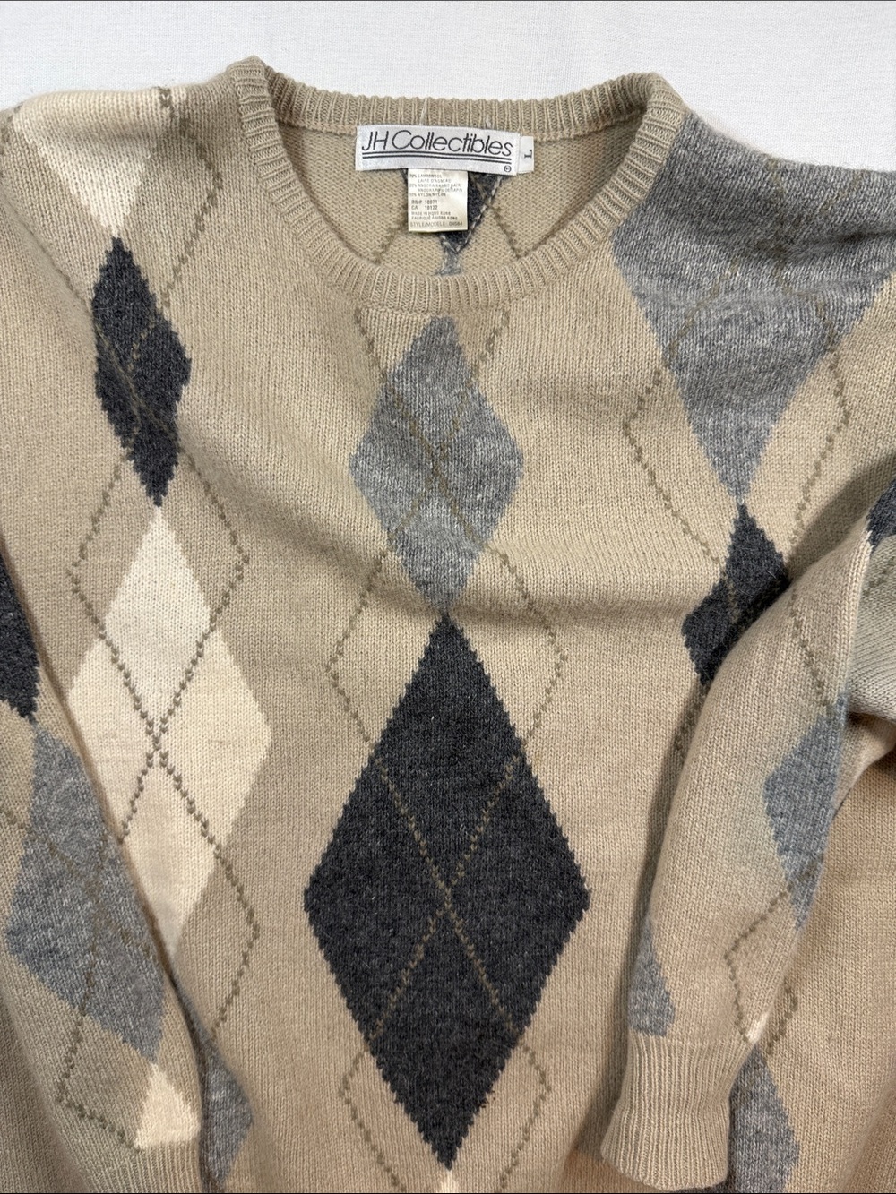 90s Vintage JH Collectibles Lambswool Angora Argyle Crewneck Tan Gray Size L